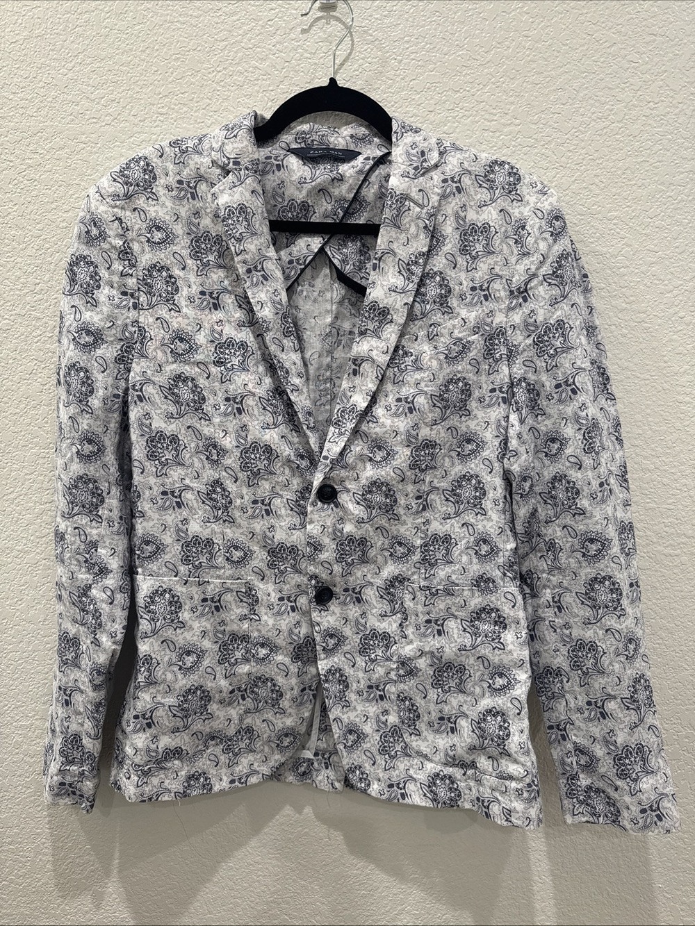 Zara Man 100% Linen Paisley Print Two Button Blazer Suit Blue White Men’s US 40